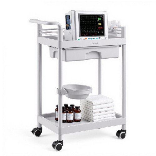 Medicinska kolica s 2 police i ladicom, nosivost 50 kg, 60 × 34 × 81 cm, s posudom za otpad