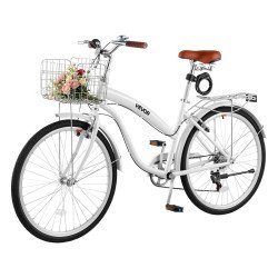 Ženski gradski bicikl 26″ s košarom i prtljažnikom, 7 brzina, čelični okvir, bijeli Ženski gradski bicikl 26″ s košarom i prtljažnikom, 7 brzina, čelični okvir, bijeli