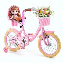 Dječji bicikl 16″ (40,6 cm) s pomoćnim kotačima, košarom i sjedalom za lutku, dob 4–7 godina, roza Dječji bicikl 16″ (40,6 cm) s pomoćnim kotačima, košarom i sjedalom za lutku, dob 4–7 godina, roza
