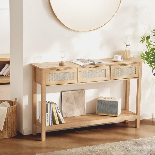 Konzolni stol od ratana s 3 ladice i policom, 130,5 × 30 × 81,5 cm, prirodna boja Konzolni stol od ratana s 3 ladice i policom, 130,5 × 30 × 81,5 cm, prirodna boja