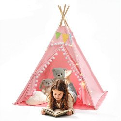 Dječji tipi-šator od pamučnog platna s okvirom od bora, 120 × 120 × 140 cm, roza, s podlogom