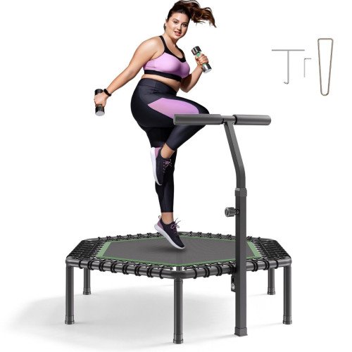 Fitness mini trampolina s ručkom podesivom u 3 visine, nosivost 205 kg, 44 elastična užeta