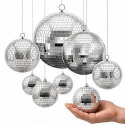Set od 8 zrcalnih disko kugli za zabave i dekoraciju, ⌀ 10, 15, 20 i 30 cm, s alkom za vješanje Set od 8 zrcalnih disko kugli za zabave i dekoraciju, ⌀ 10, 15, 20 i 30 cm, s alkom za vješanje
