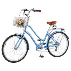 Ženski gradski bicikl 26″ s košarom i prtljažnikom, 7 brzina, aluminijski okvir, svijetloplavi Ženski gradski bicikl 26″ s košarom i prtljažnikom, 7 brzina, aluminijski okvir, svijetloplavi