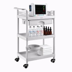 Medicinska kolica s 3 police i ladicom, nosivost 50 kg, 60 × 34 × 88 cm, s posudom za otpad