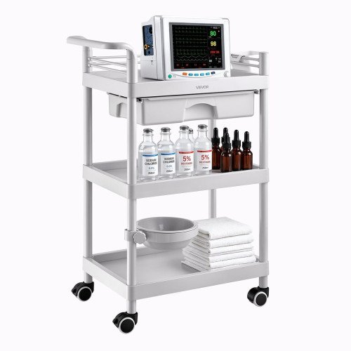 Medicinska kolica s 3 police i ladicom, nosivost 50 kg, 60 × 34 × 88 cm, s posudom za otpad