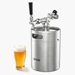 Mini bačva za točenje piva pod tlakom CO2, 4 L, nehrđajući čelik, s regulatorom i slavinom