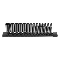 Set udarnih nasadnih ključeva za matice kotača, 14 dijelova, 6,4 mm (1/4″), 4–15 mm, Cr-Mo Set udarnih nasadnih ključeva za matice kotača, 14 dijelova, 6,4 mm (1/4″), 4–15 mm, Cr-Mo
