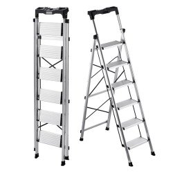 Sklopive aluminijske ljestve sa 6 stuba i pretincem za alat, visina 171,5 cm, nosivost 150 kg Sklopive aluminijske ljestve sa 6 stuba i pretincem za alat, visina 171,5 cm, nosivost 150 kg