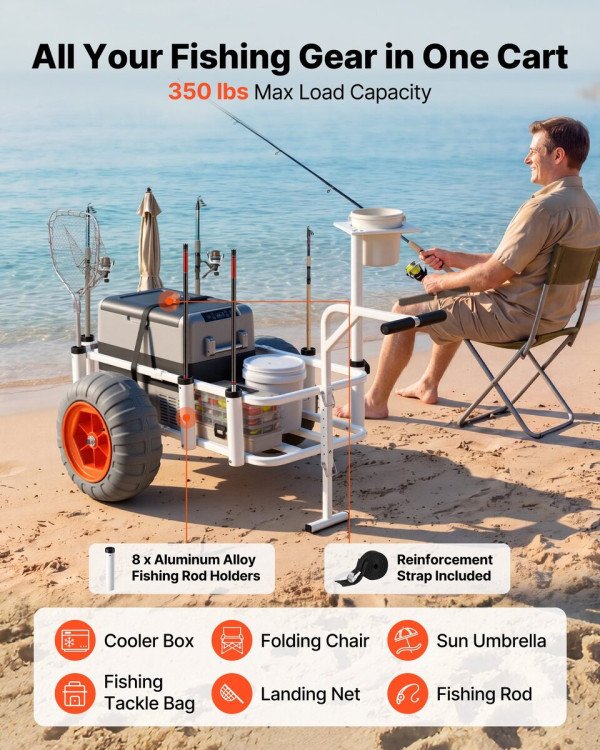 Kolica za plažu i ribolov s obale: balonski ili obični kotači, nosivost, aluminij ili čelik