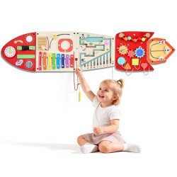 Zidna Montessori senzorna ploča za djecu, oblik rakete, 13 aktivnosti, 118 × 27 cm, MDF