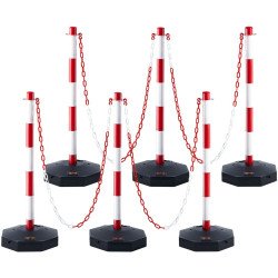 Set od 6 podesivih prometnih stupića s punjivim postoljem i lancem od 2 m, crveno-bijeli Set od 6 podesivih prometnih stupića s punjivim postoljem i lancem od 2 m, crveno-bijeli