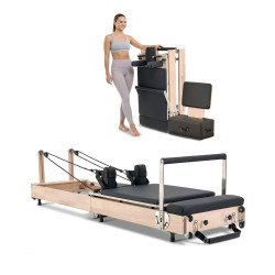 Pilates reformer za vježbe jačanja i istezanja uz otpor opruga, od drva (6)
