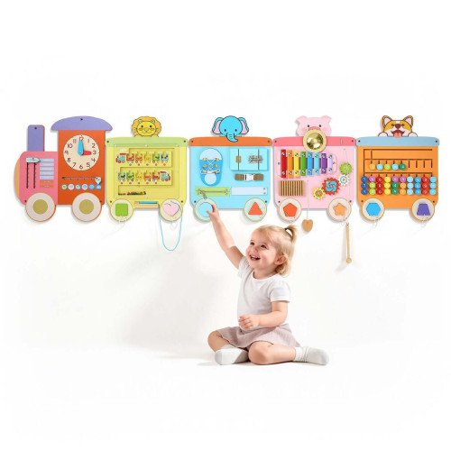 Zidna Montessori senzorna ploča za djecu, oblik vlaka, 18 aktivnosti, 155 × 38 cm, MDF Zidna Montessori senzorna ploča za djecu, oblik vlaka, 18 aktivnosti, 155 × 38 cm, MDF