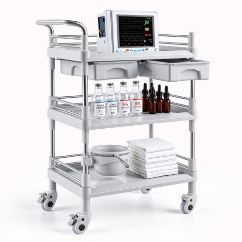 Medicinska kolica s 3 police i 2 ladice, nosivost 50 kg, 72 × 44,5 × 99 cm, s posudom za otpad