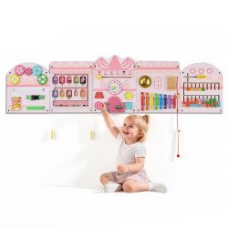 Zidna Montessori senzorna ploča za djecu, oblik dvorca, 14 aktivnosti, 145 × 39 cm, MDF