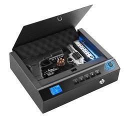 Sef za 2 pištolja i 2 spremnika s otiskom prsta, Bluetoothom, šifrom i ključem, LED rasvjeta, crni