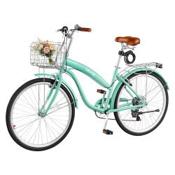 Ženski gradski bicikl 26″ s košarom i prtljažnikom, 7 brzina, čelični okvir, svijetlozeleni Ženski gradski bicikl 26″ s košarom i prtljažnikom, 7 brzina, čelični okvir, svijetlozeleni