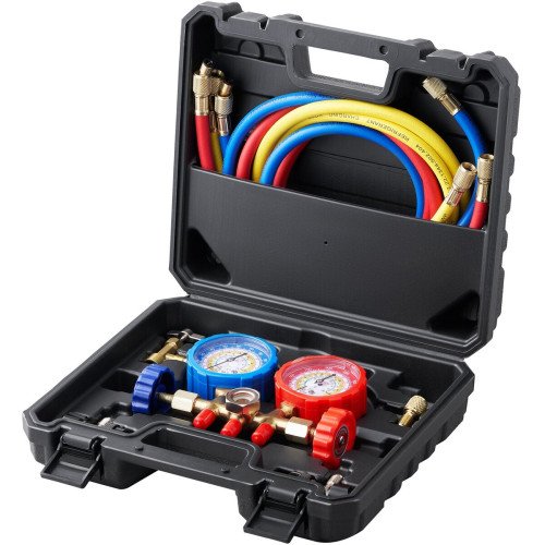 Set manometara za servis klime, 3-putni, za R134a i R22, crijeva 152 cm, do 34,5 bar Set manometara za servis klime, 3-putni, za R134a i R22, crijeva 152 cm, do 34,5 bar