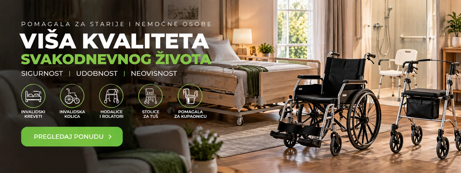 Pomagala za starije i nemoćne osobe: invalidska kolica, hodalice, bolnički kreveti, stolice za tuš