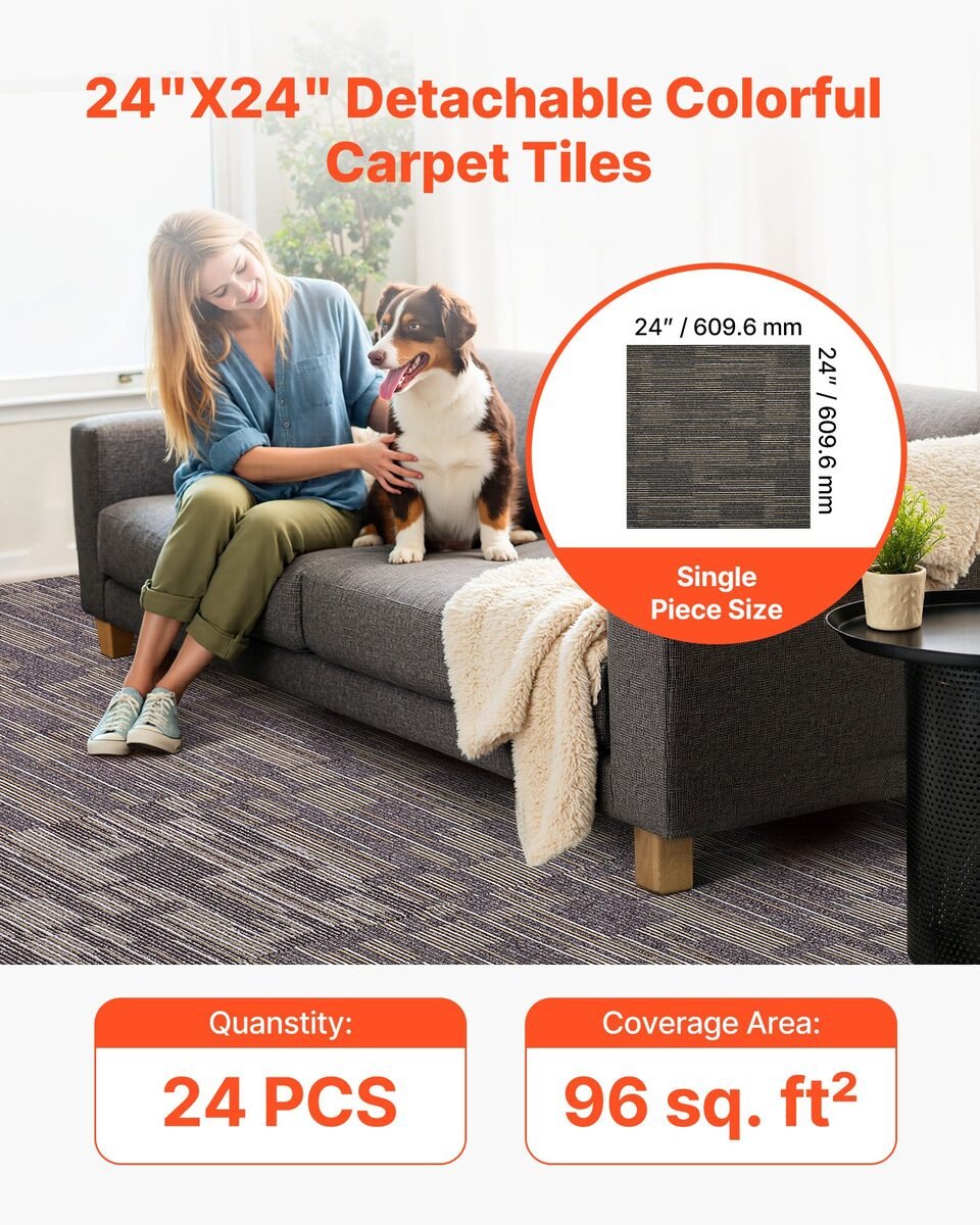 Dnevni boravak s podom od tepisonih pločica 61 × 61 cm i psom na podu