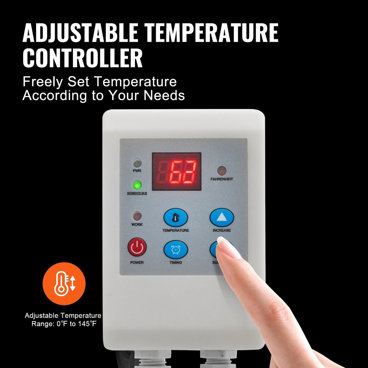 Prst pritišće tipku na digitalnom regulatoru temperature grijača za bačvu, zaslon pokazuje 62
