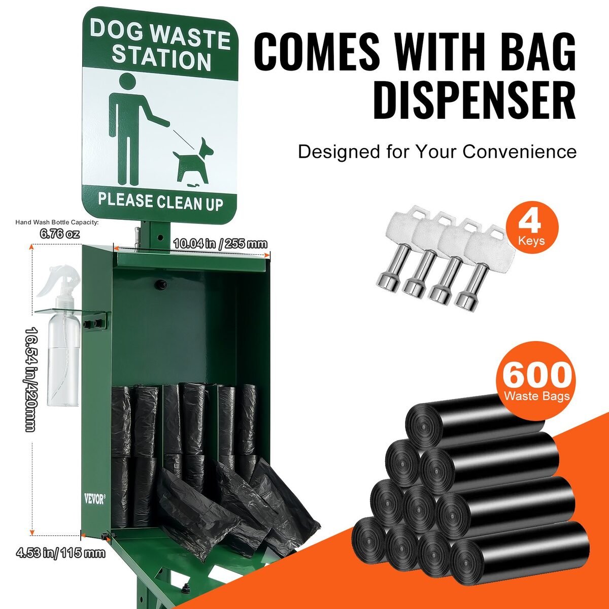 Gornji dio stanice s natpisom Dog waste station, dozatorom vrećica, ključevima i rolama vrećica