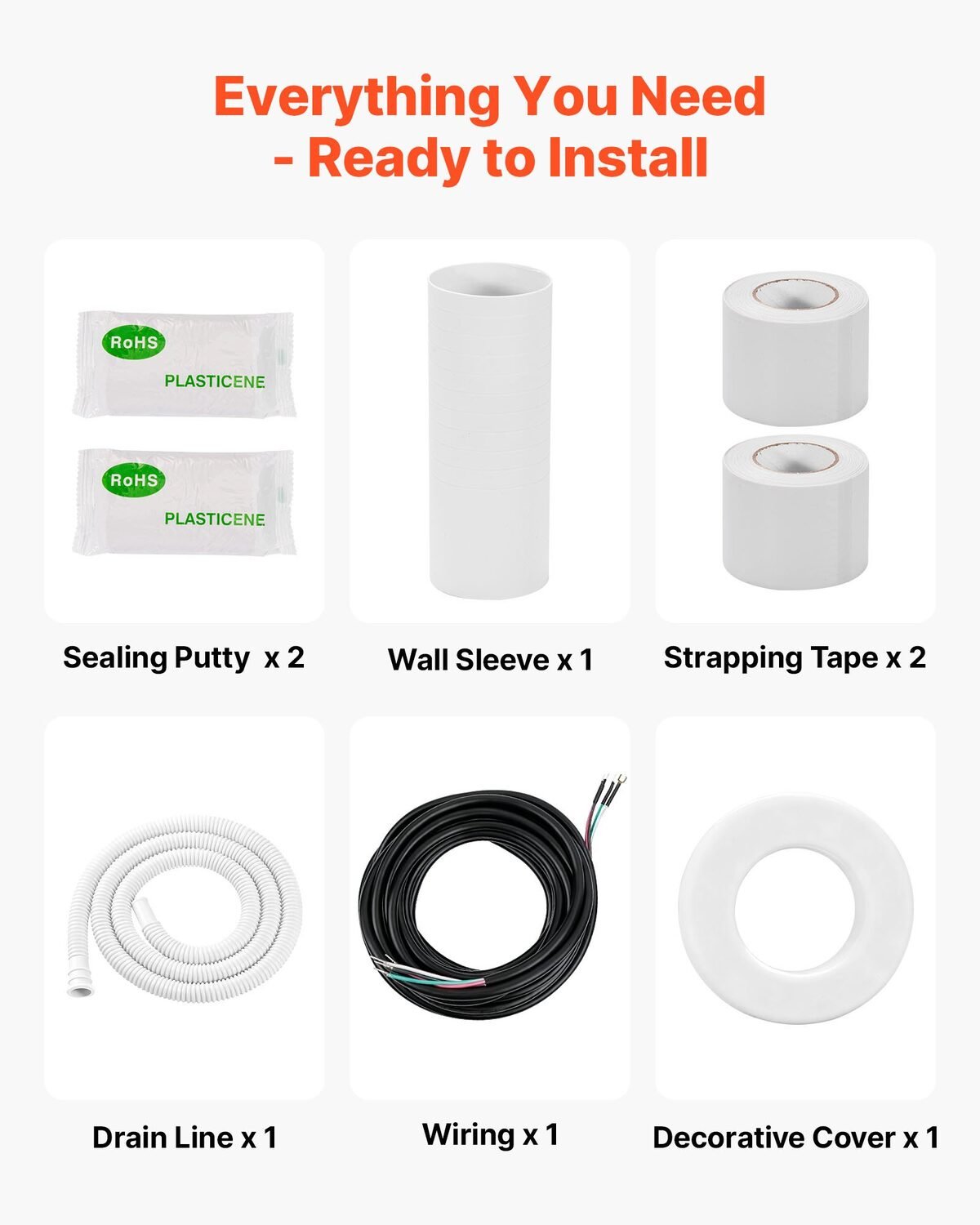 Pribor uz set bakrenih cijevi: kit, čahura za zid, traka, odvodno crijevo i kabel