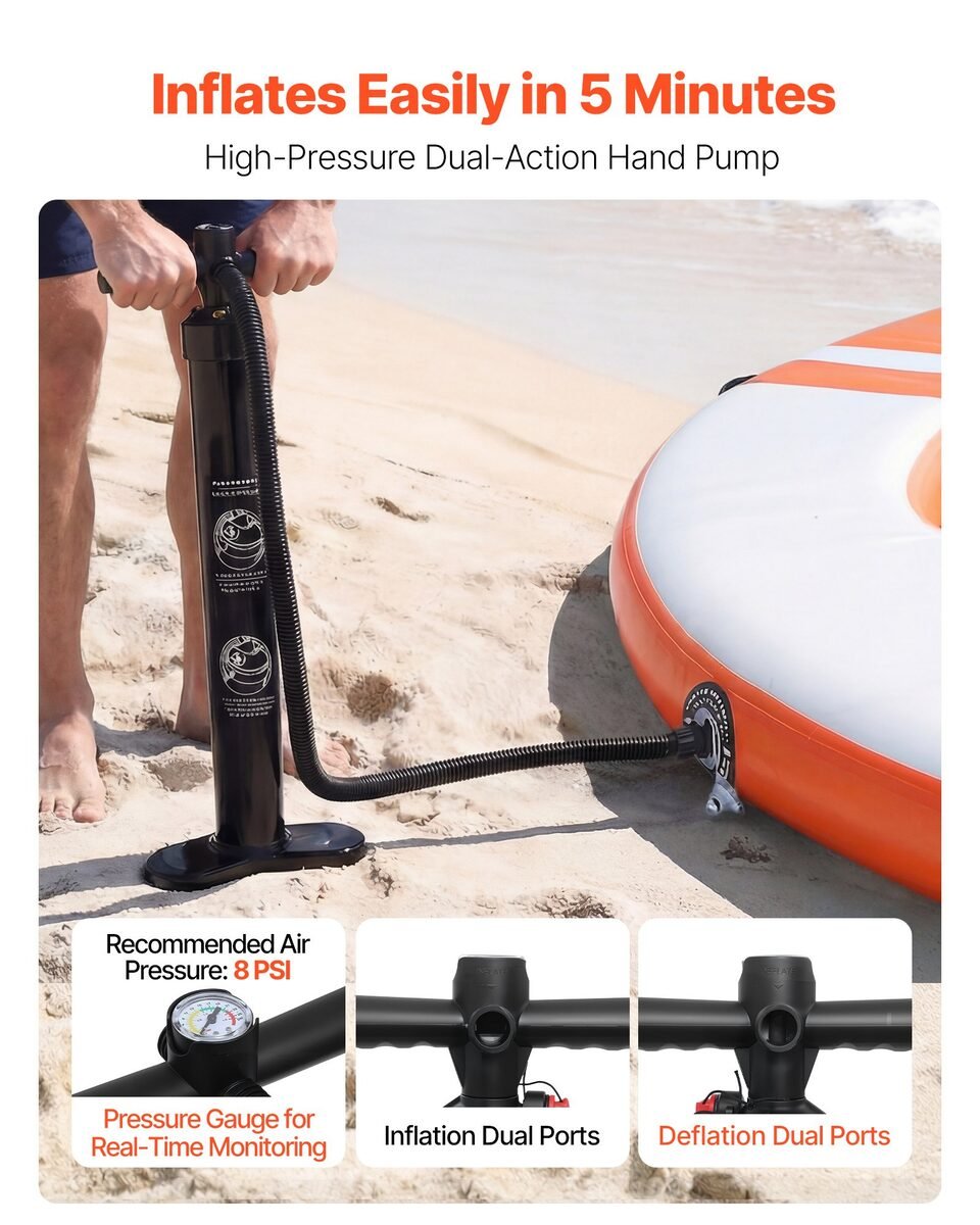 Napuhavanje plutajuće platforme ručnom pumpom s manometrom na plaži
