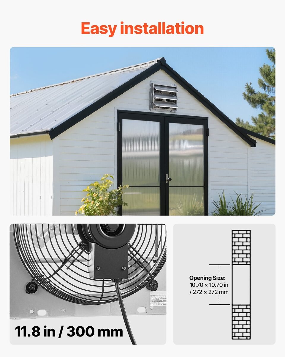 Zidni ventilator sa žaluzinom ugrađen u zabat drvene šupe, s naznakom dimenzije otvora