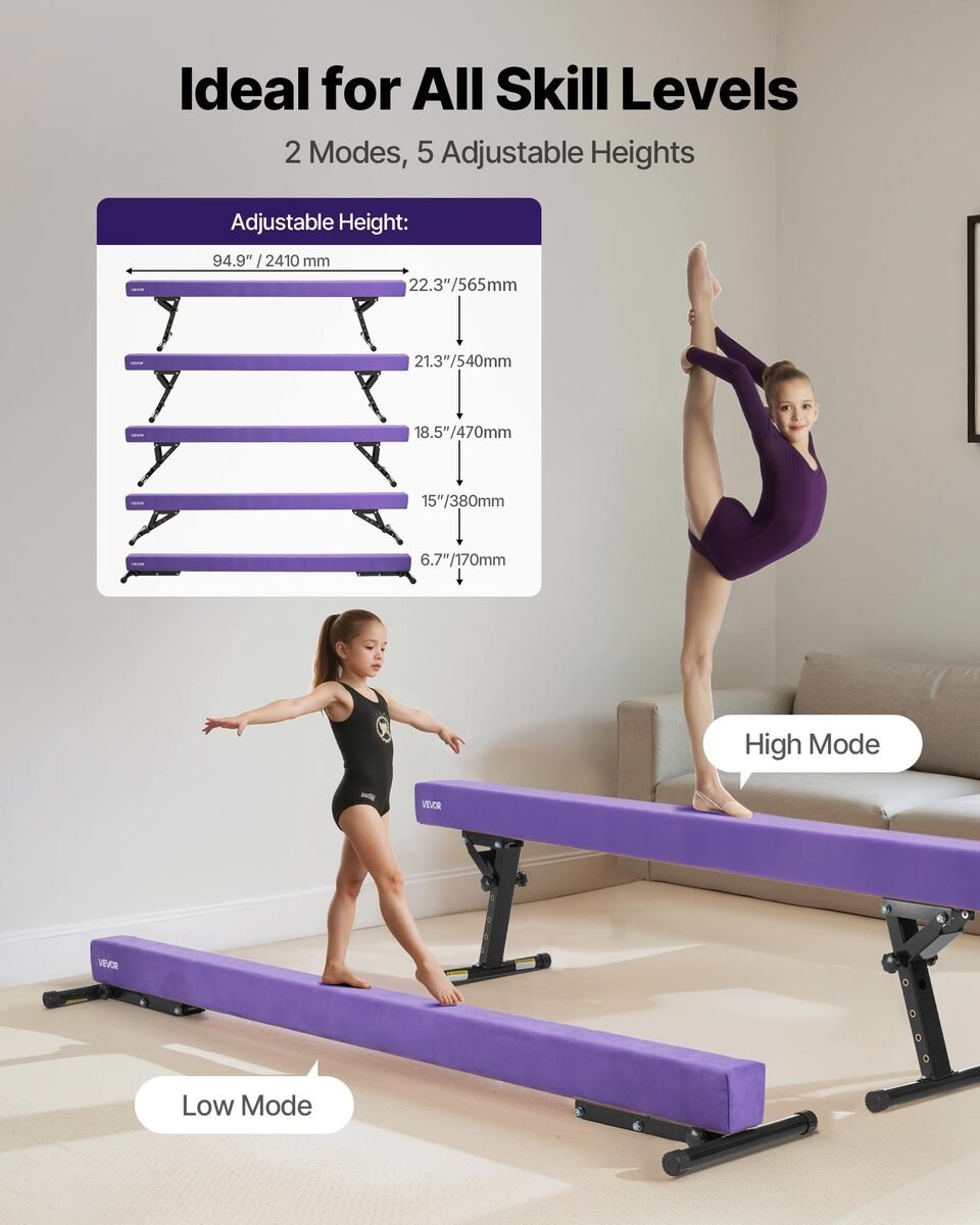 Djevojčice vježbaju na ljubičastoj gredi u niskom i visokom položaju