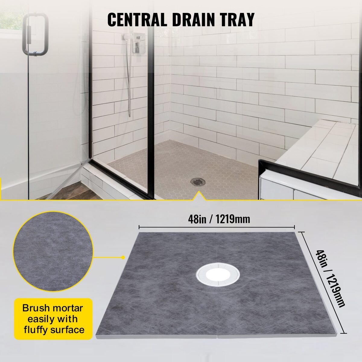 Tuš u razini poda obložen pločicama i prikaz podloge od pjene sa središnjim odvodom 122 × 122 cm