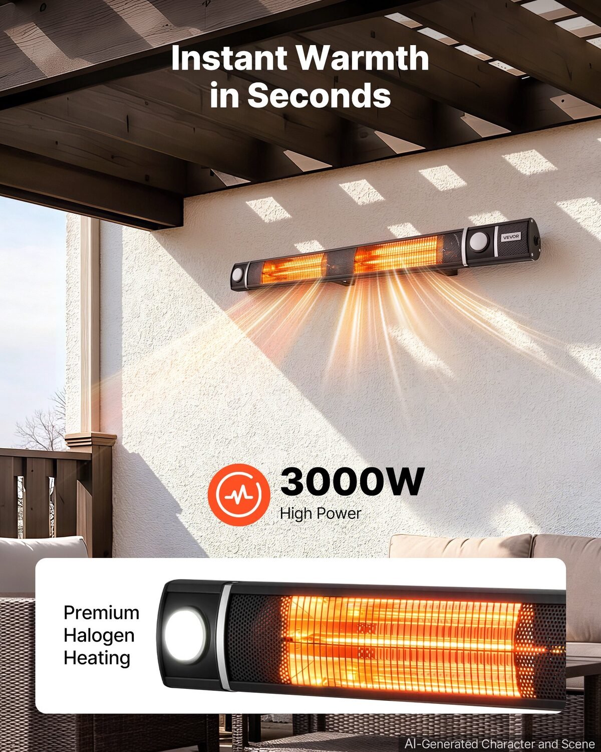 Infracrveni grijač od 3000 W montiran na zid pod drvenom pergolom terase