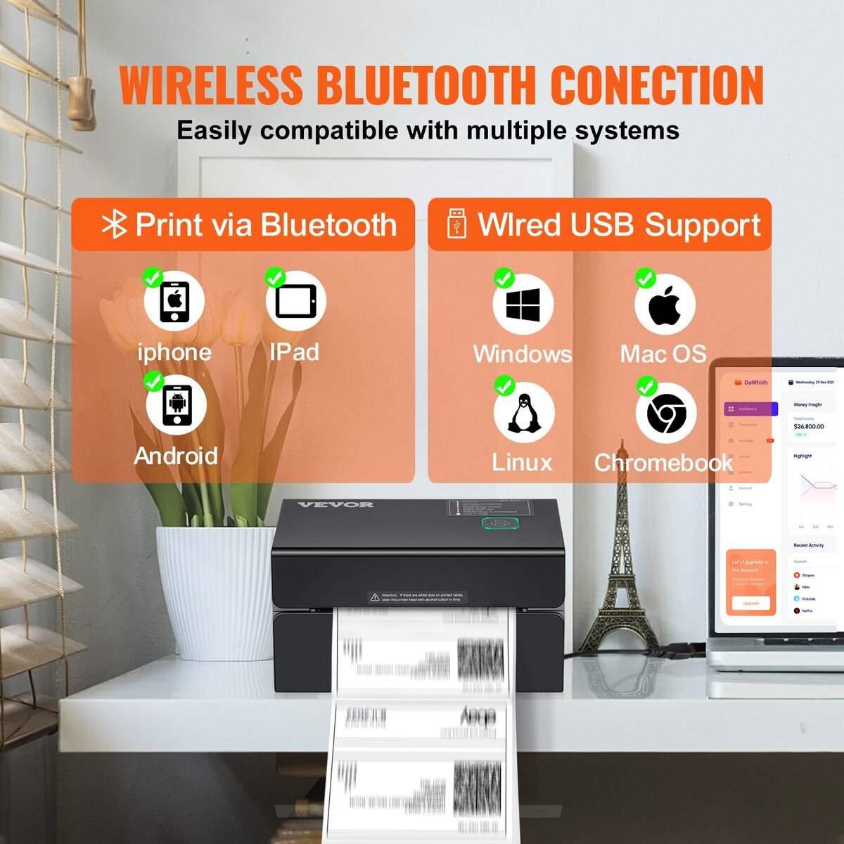 Crni kompaktni termalni pisač naljepnica na stolu, uz shemu povezivanja Bluetoothom s mobitelom i USB-om s računalom