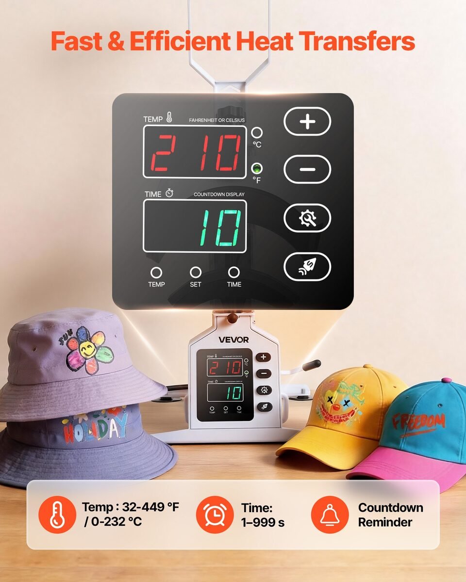 Termopreša za kape s digitalnim prikazom temperature i vremena okružena personaliziranim kapama