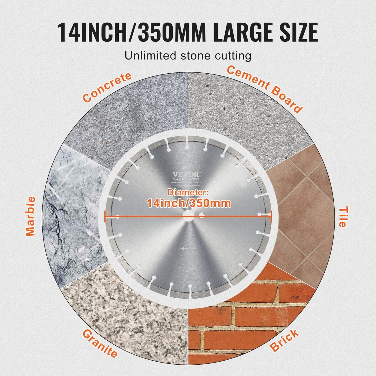 Dijamantna ploča od 350 mm i materijali koje reže: beton, opeka, granit, mramor, pločice