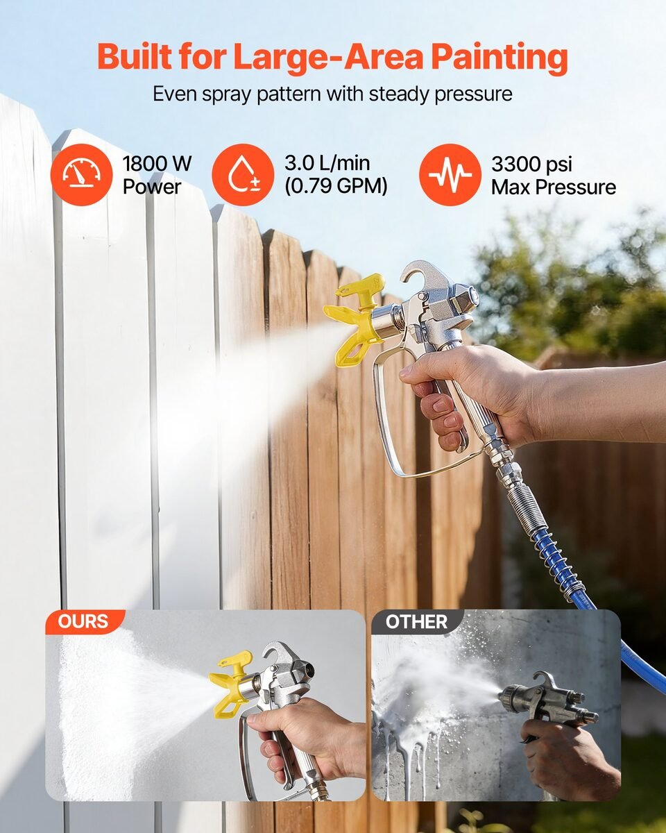Prskanje drvene ograde airless pištoljem, s usporedbom ravnomjernog mlaza i mlaza s kapima