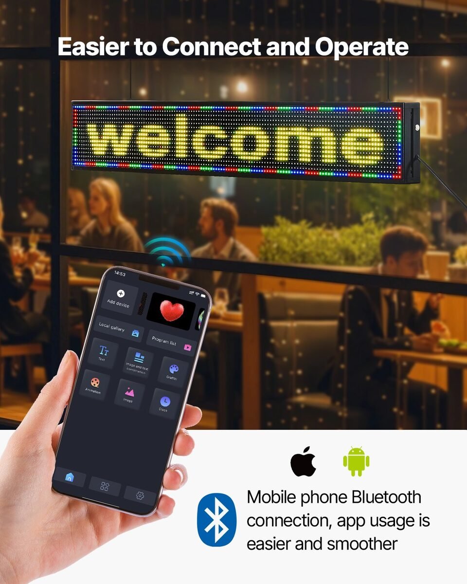 Uska LED ploča s natpisom welcome i ruka s mobitelom koji se povezuje Bluetoothom