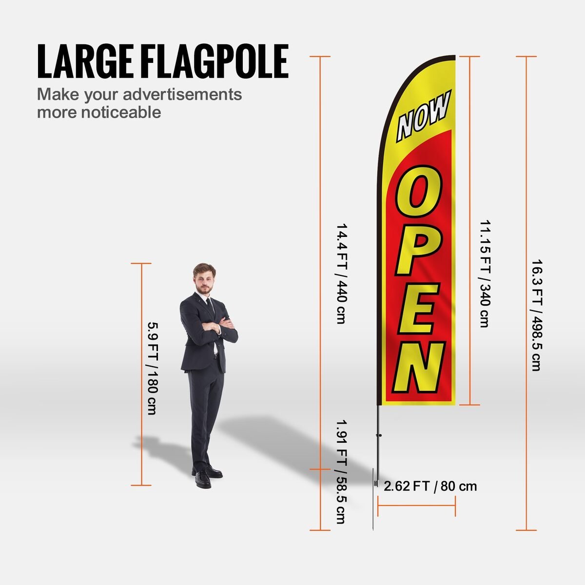 Prikaz visine jarbola od 440 cm sa zastavom OPEN uz siluetu čovjeka od 180 cm
