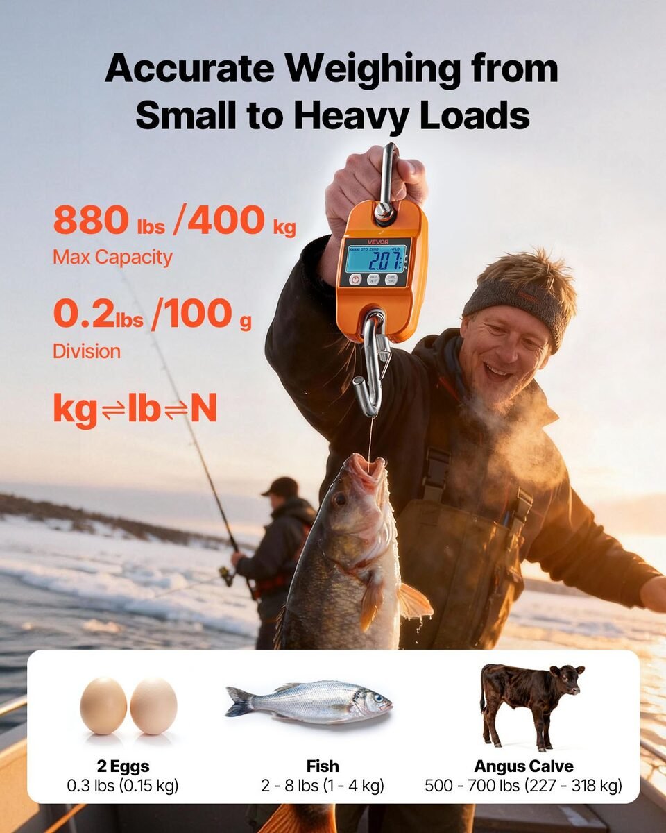 Ribič važe ribu ručnom visećom vagom od 400 kg