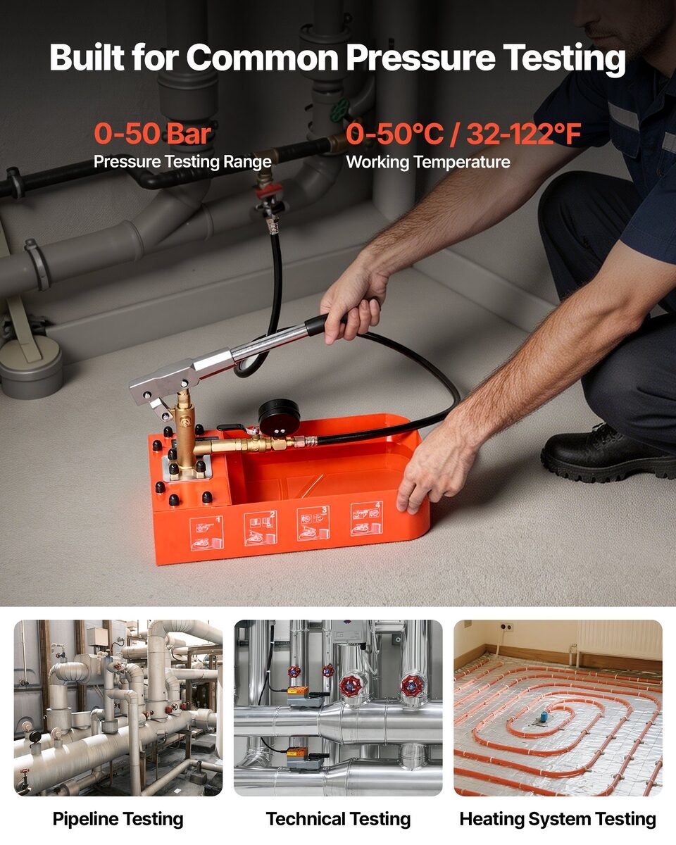 Instalater spaja pumpu za tlačnu probu na cijevi instalacije u podrumu