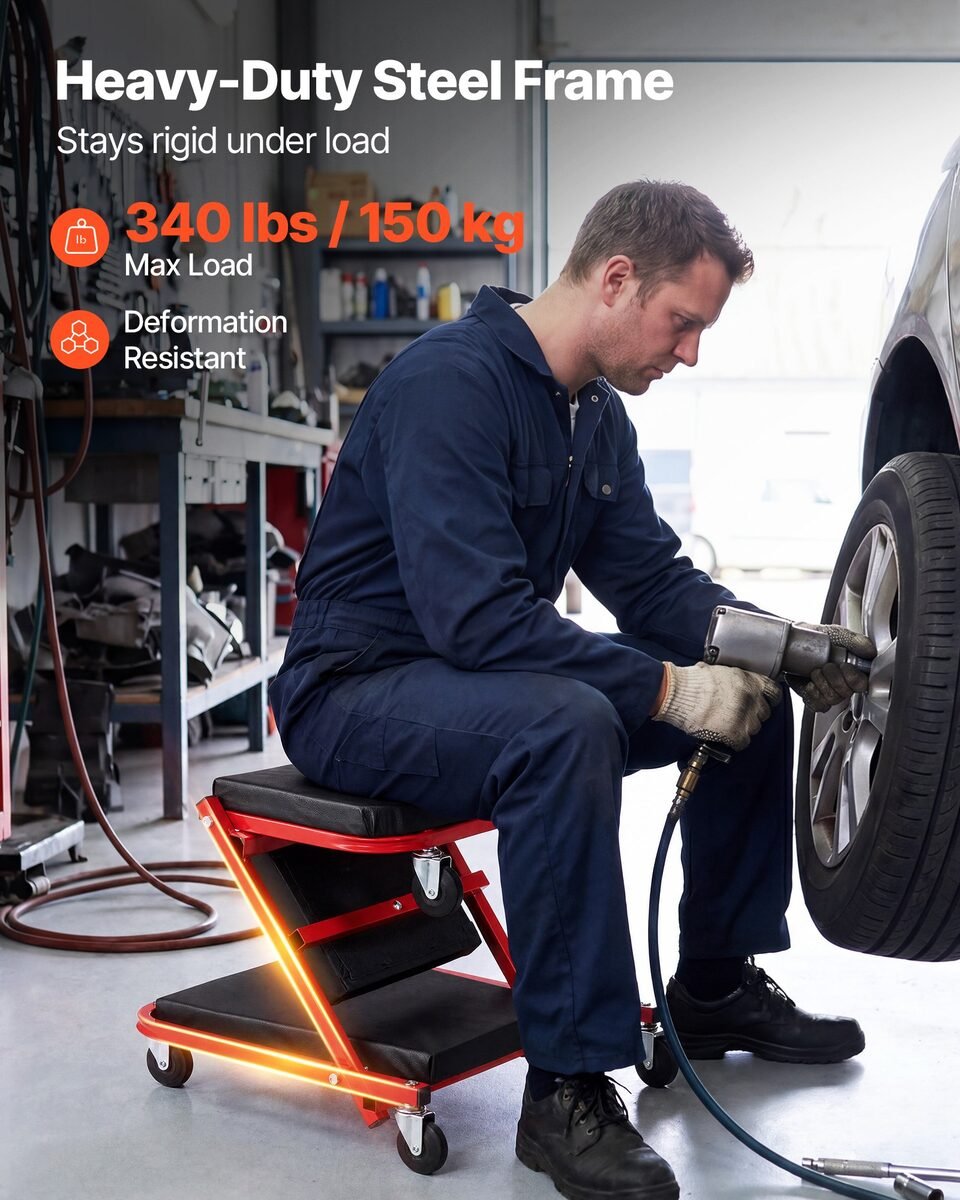 Ležaljka preklopljena u stolac za rad uz kotač automobila