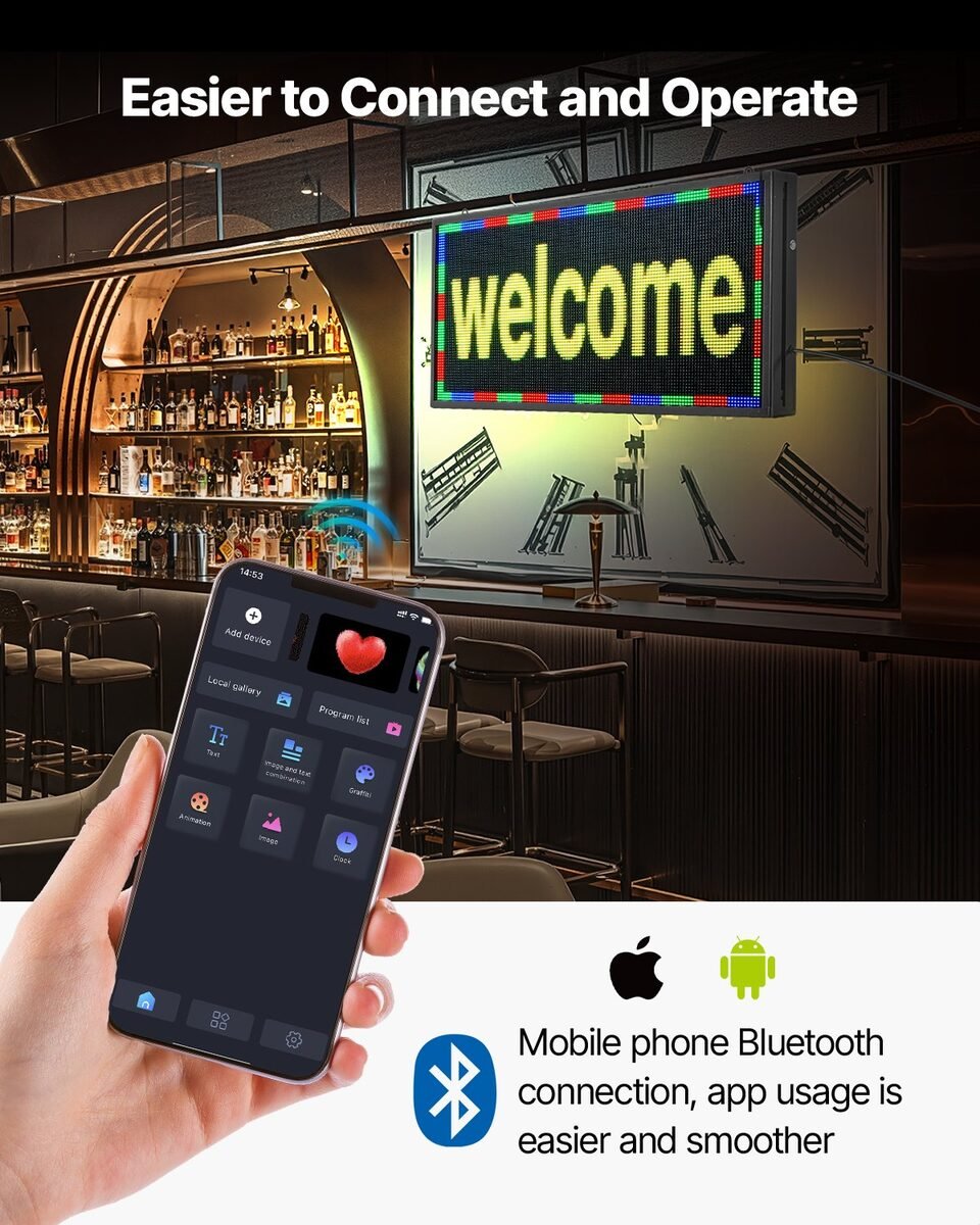 LED ploča s natpisom welcome u kafiću i mobitel s aplikacijom za upravljanje