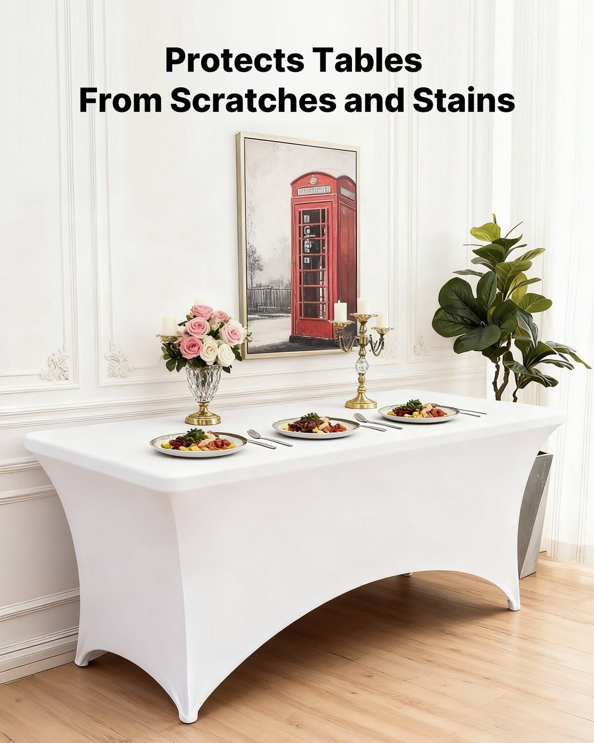 Bijela rastezljiva navlaka na dugom pravokutnom stolu s posluženim jelima