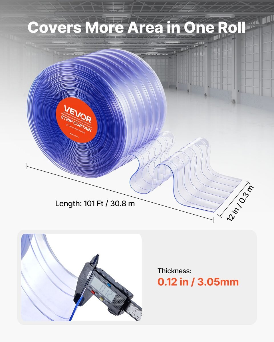 Rola prozirne rebraste PVC trake za zavjesu duljine 30,8 m, širine 30,5 cm i debljine 3 mm