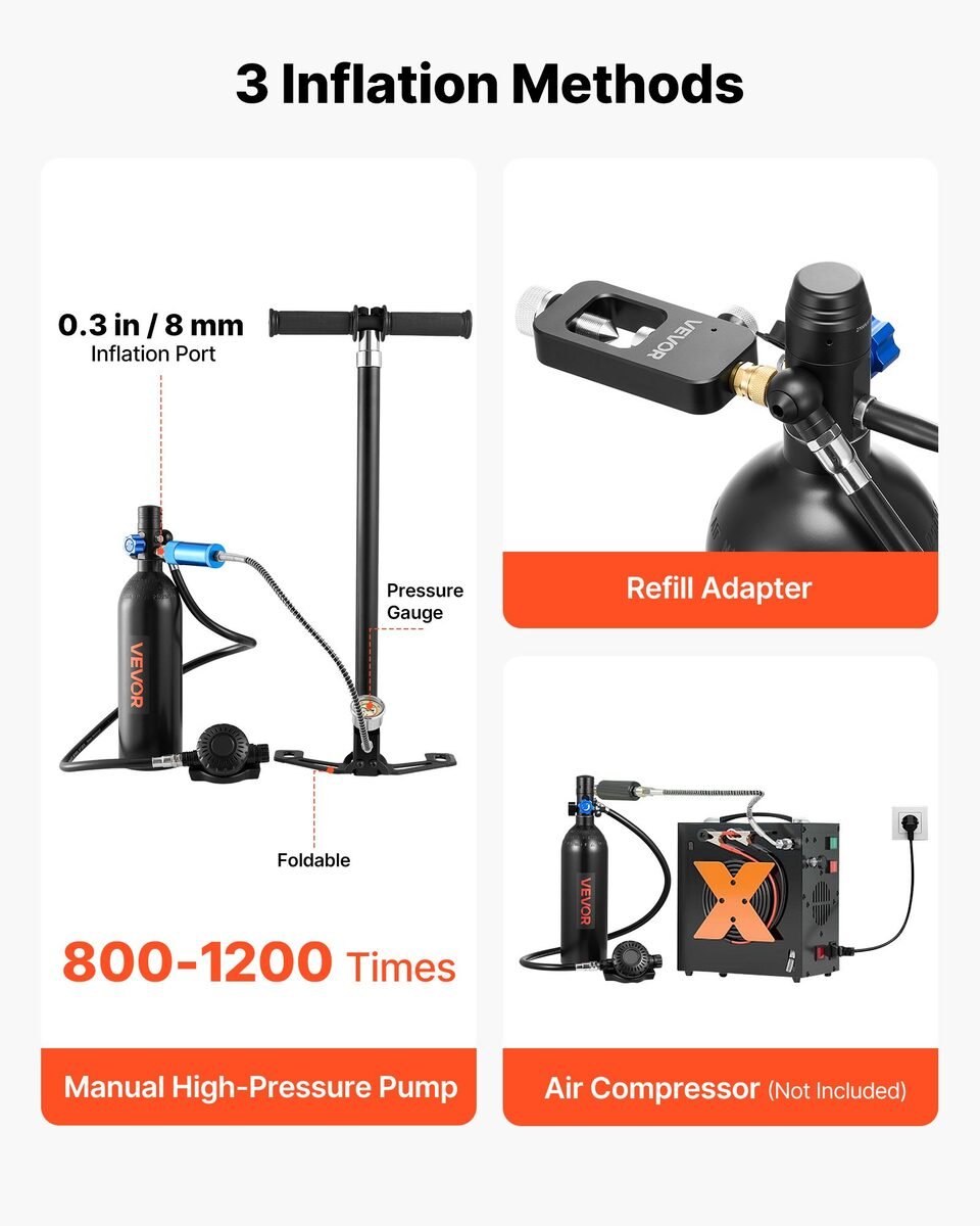 Tri načina punjenja mini boce: ručna visokotlačna pumpa, adapter za veliku ronilačku bocu i kompresor