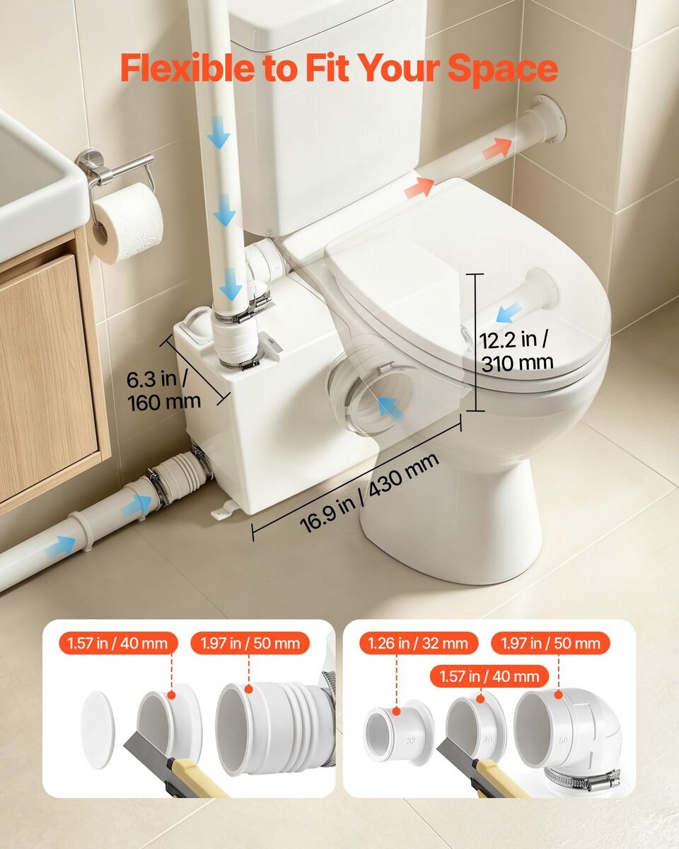 Mjere pumpe s usitnjivačem i priključci od 32 do 50 mm iza WC školjke